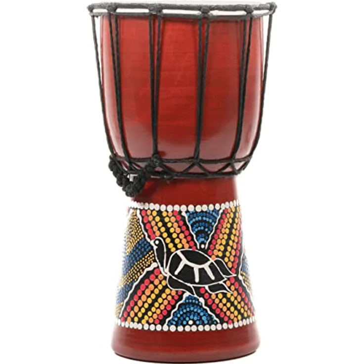 Nexos Trading 30cm Indonesische Djembe „Schildkröte", handgefertigte Trommel mit Ziegenlederbespannung und bunter Dotpaint-Bemalung, braun – Bild 3