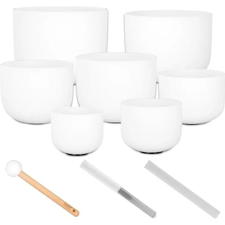 sela Crystal Singing Bowl Set Frosted 440Hz, 7 Kristall-Klangschalen (8-14”) mit 3 Mallets für Musik und Meditation, inkl. Silikonringen zur Stabilisierung