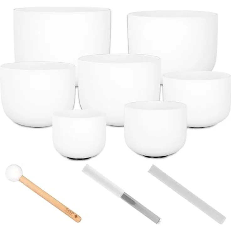 sela Crystal Singing Bowl Set Frosted 440Hz, 7 Kristall-Klangschalen (8-14”) mit 3 Mallets für Musik und Meditation, inkl. Silikonringen zur Stabilisierung – Bild 1