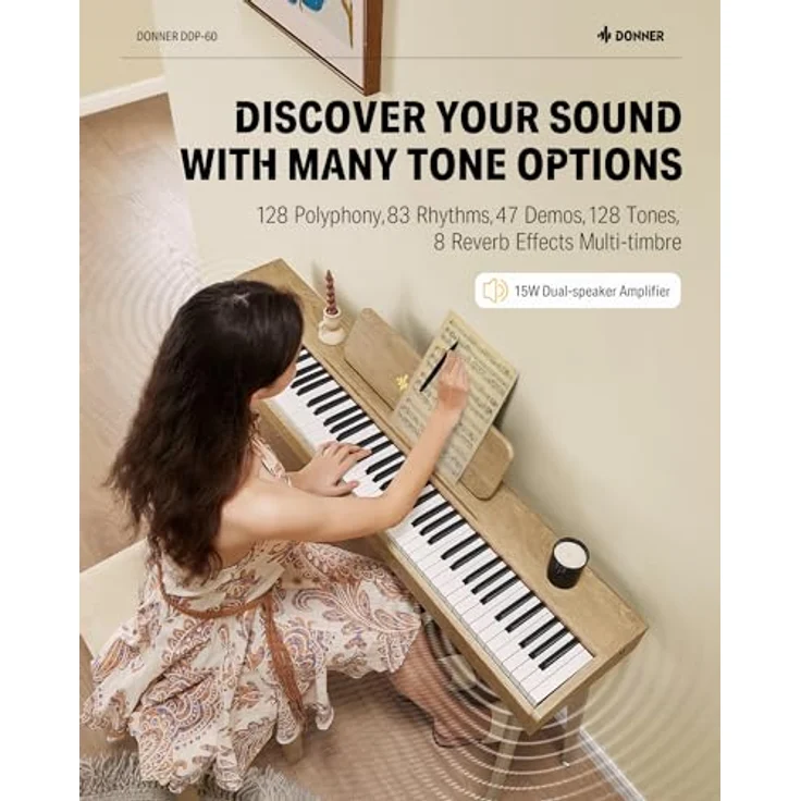 DONNER DDP-60 Digitalpiano, 88 anschlagsdynamische Tasten, 128-stimmige Polyphonie, minimalistisches Design, inkl. 3 Klavierpedale und 2 Kopfhörerausgängen – Bild 3