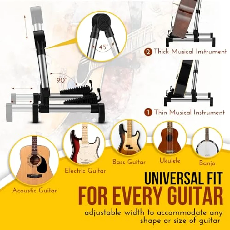 Flexzion A-Rahmen Gitarrenständer, Tragbarer Aluminium-Gitarrenhalter für Akustikgitarre, Cello, E-Gitarre, Bass, faltbar, schaumstoffbezogen, mit Gummipolster, Silber – Bild 4