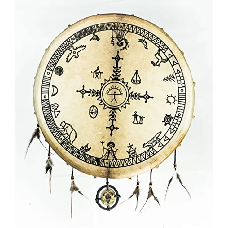 Terre Shaman Drum Saami Style 50, runde Schamanentrommel mit Ziegenfell und Mahagoni-Rahmen, Durchmesser 50 cm, inkl. Stock und Federn