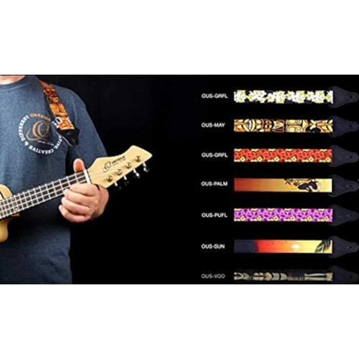 Ortega Ous-VOO Ukulele Strap, verstellbarer Nylon-Gurt mit Kunstlederenden und Voodoo-Motiv, 3,70cm breit, bis 135cm Länge – Bild 2
