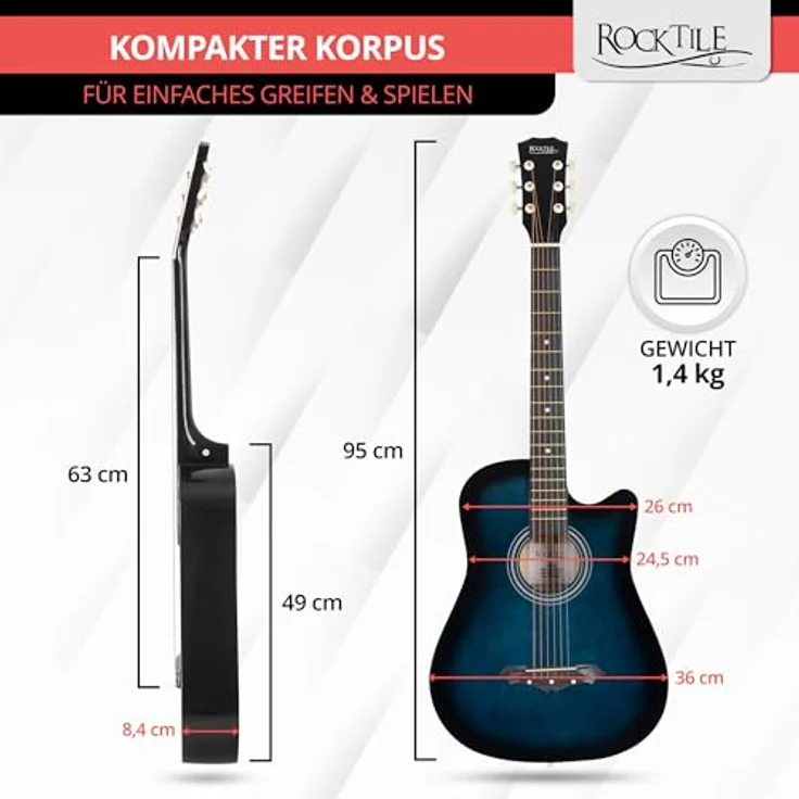 Rocktile WSD-5C-BUB Slim Line Westerngitarre, Dreadnought Akustikgitarre mit Linde-Korpus und Catalpa-Hals, inkl. Tasche, Ersatzsaiten, Gurt und Plektren, Blueburst – Bild 3
