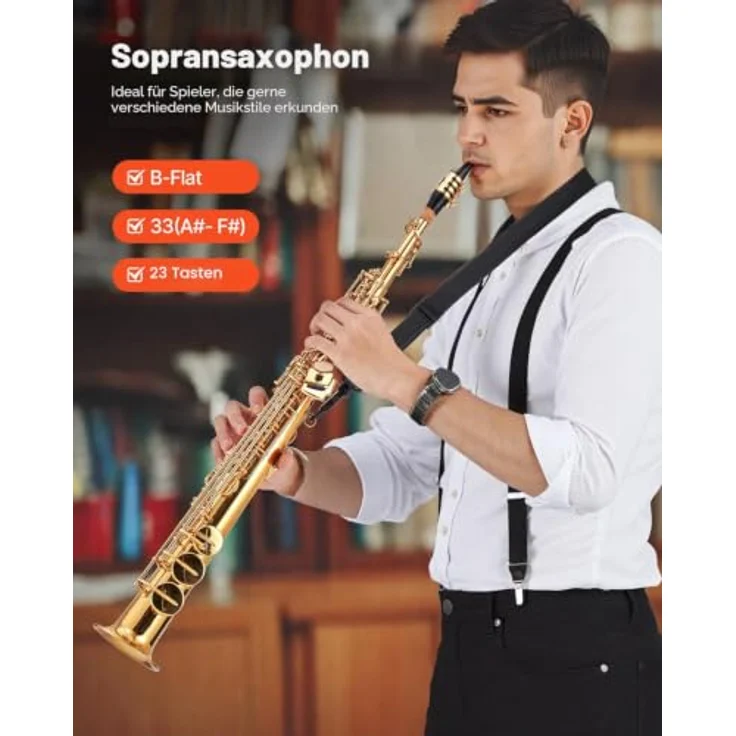 VEVOR B-Dur Sopransaxophon, Messing-Anfängerset mit Tragetasche, Mundstück und 23 Tasten, gold – Bild 2