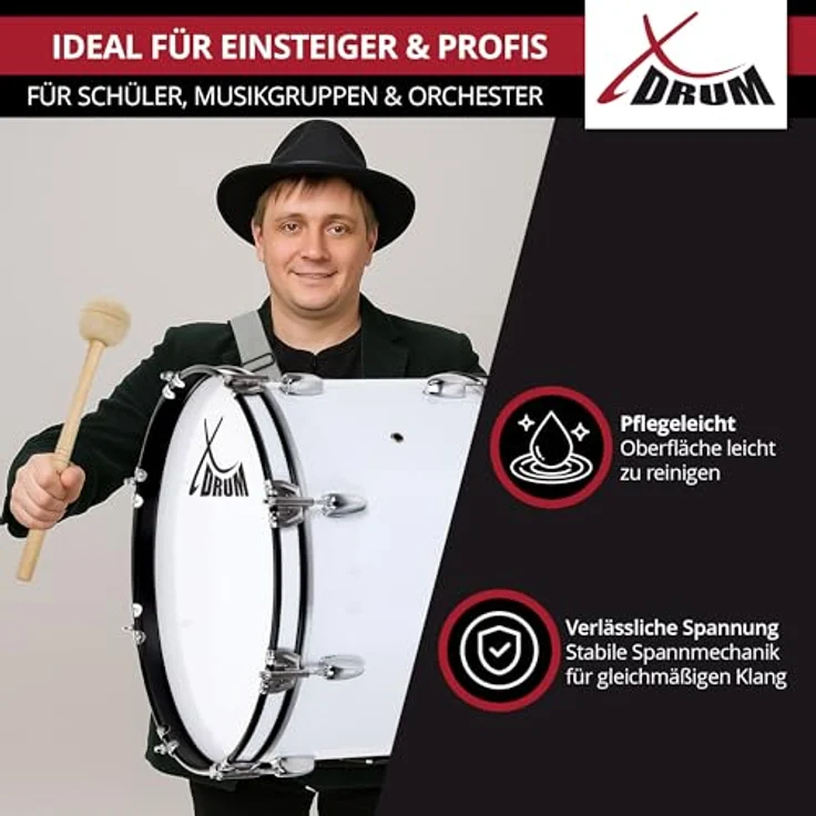 XDrum MBD-218 Marsch Bass Trommel, 18" x 12", weiß, mit verchromter Hardware, 4 Trageösen, inkl. Schlägel und Tragegurte – Bild 5