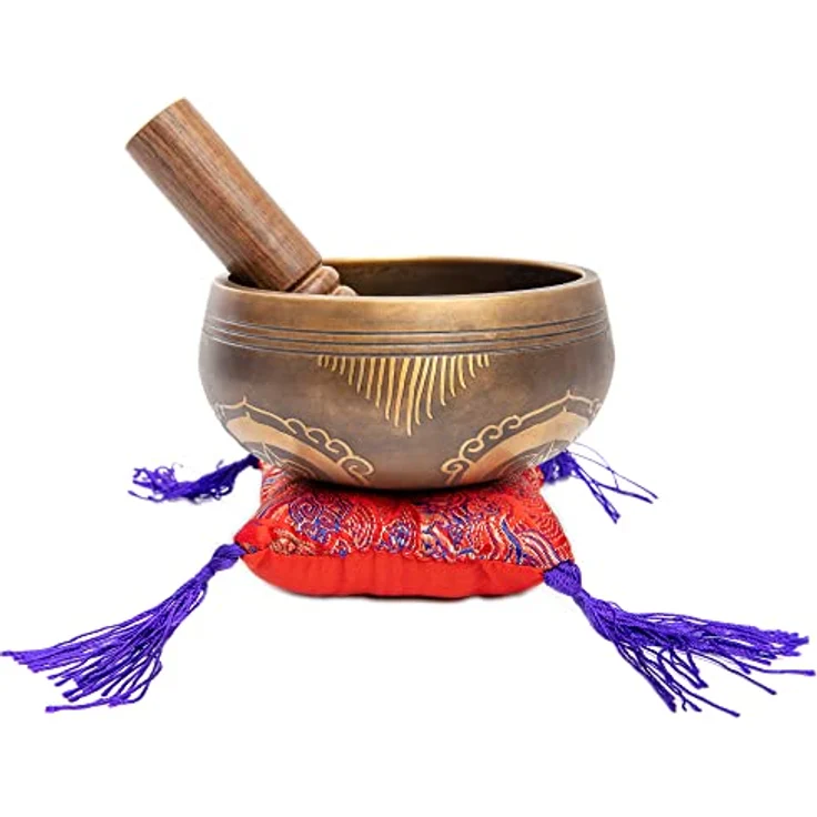 HIMALAYAN BAZAAR Tibetisches Klangschalen-Set, handgehämmert, 10,2 cm, mit Seidenkissen und Lederklöppel, ideal für Meditation und Yoga – Bild 5