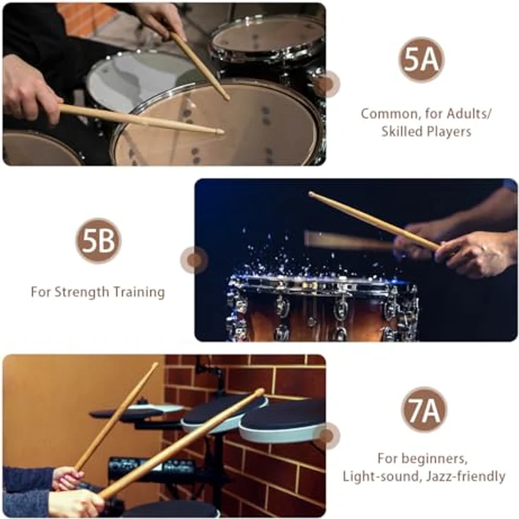 MUSO Premium Trommelstöcke, amerikanisches Hickory-Holz, rutschfester Gummigriff, verfügbar in 5A, 7A und 2B, ideal für Schlagzeuger aller Niveaus – Bild 3