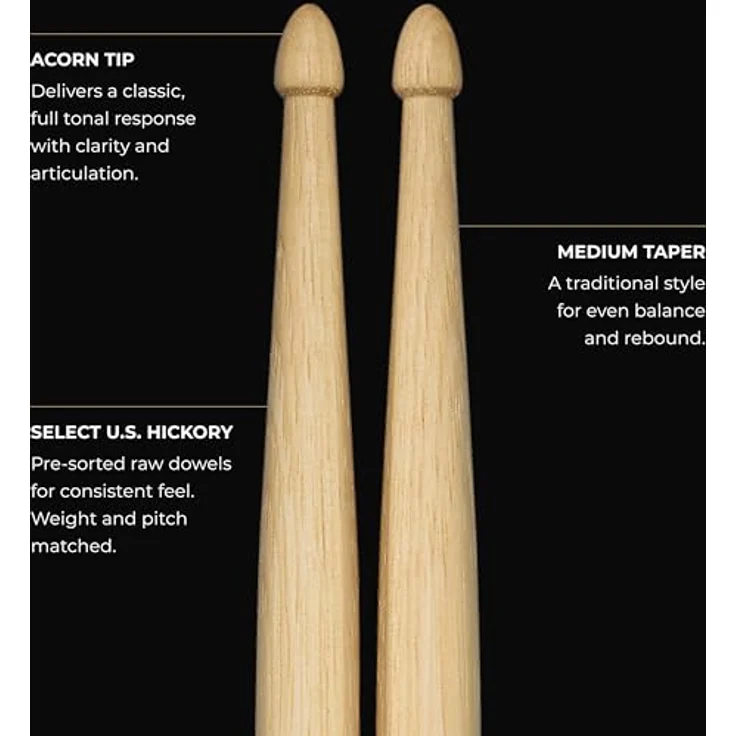 Meinl 5B Standard Long Hickory Drumsticks, 419 mm Länge, leichter Acorn Kopf, made in Germany – Bild 4