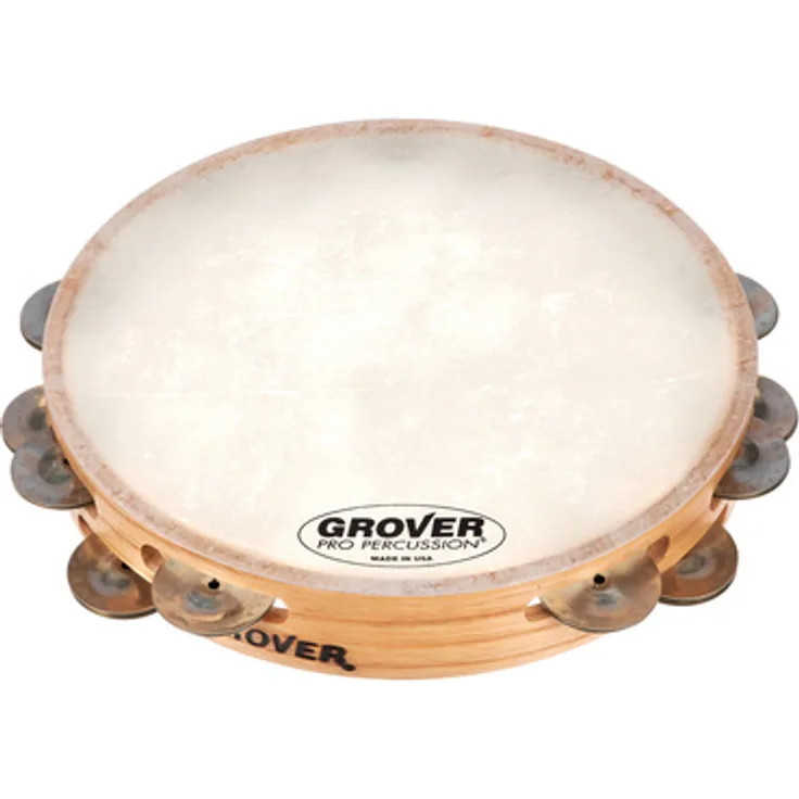 Grover Pro Percussion T2/GS-B Tambourine, 10" mit doppelreihigen German Silver Schellen und Remo Skyntone Fell, massiver Hartholzkorpus, inkl. Tasche