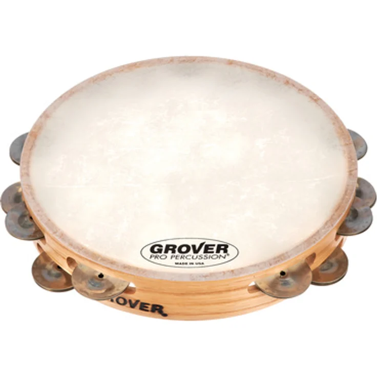 Grover Pro Percussion T2/GS-B Tambourine, 10" mit doppelreihigen German Silver Schellen und Remo Skyntone Fell, massiver Hartholzkorpus, inkl. Tasche