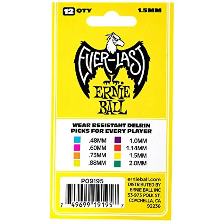 Ernie Ball Everlast Picks EB9195, strapazierfähige Plektren aus Delrin, 1,50 mm, 12er Pack, gelb – Bild 2
