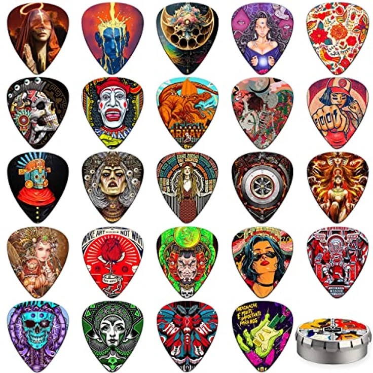 K KAREZOG Guitar Picks, 24 Stück Zelluloid Plektrum mit 4 verschiedenen Stärken (0.46/0.71/0.96/1.20mm) für Akustikgitarre, E-Gitarre, Bass und Ukulele in Geschenkbox – Bild 1