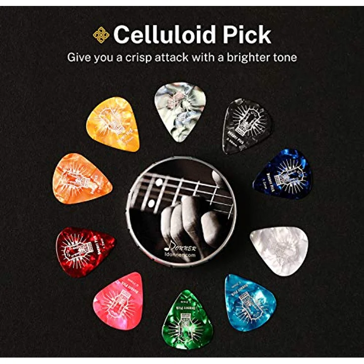 Donner Celluloid Gitarren Plektren, 16 Stück in 4 Stärken (0,46-1,20 mm), inklusive praktischem Metall-Transportkasten, Farbauswahl verfügbar – Bild 5