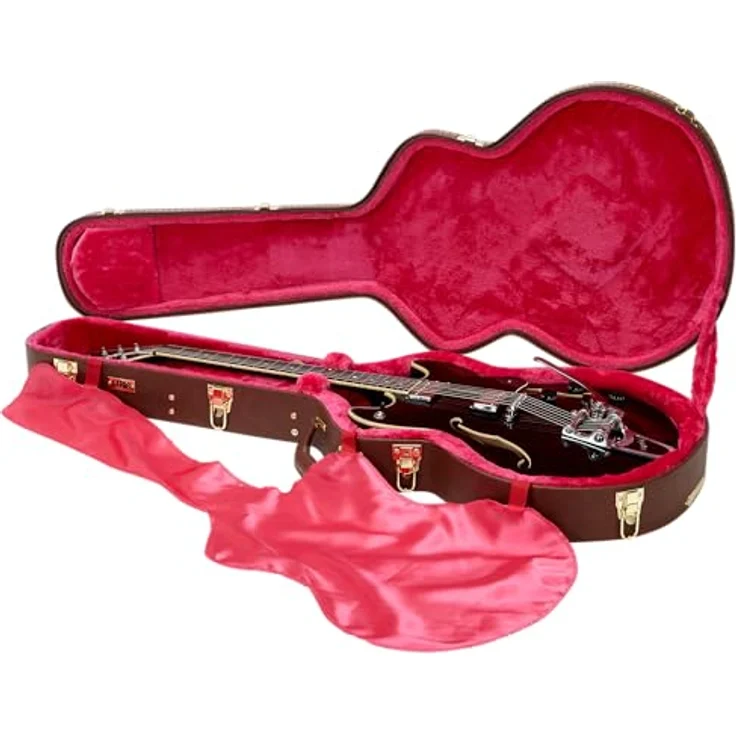 Gator GW-Semi-hollow Guitar Case, stabiler Gitarrenkoffer aus Sperrholz mit braunem Außenbezug und rotem Plüsch-Innenfutter, abschließbar, mit Zubehörfach, goldene Hardware – Bild 8