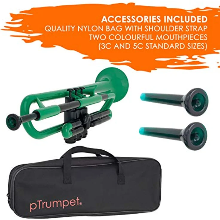 PINSTRUMENTS pTrumpet 700628, Bb-Trompete aus ABS-Kunststoff mit Tasche und 2 Mundstücken, grün, schallstück 124 mm – Bild 5