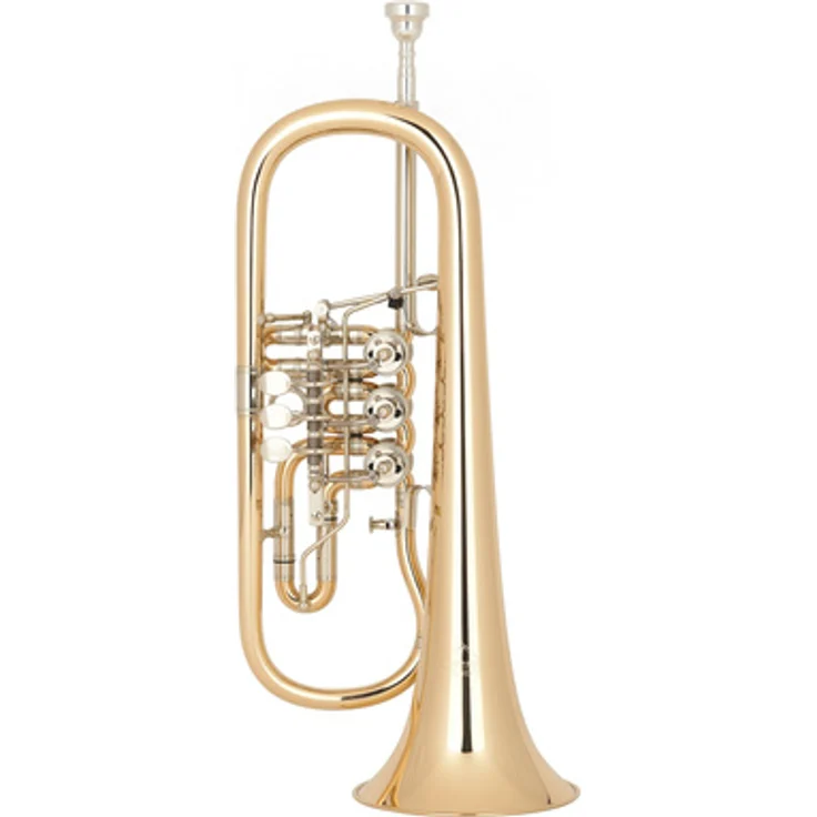 Miraphone 25 1100 A100 Flugelhorn, Goldmessing Korpus mit zylinderventilen, Schallbecher Ø 140mm, inkl. FL05 Mundstück, klarlackiert