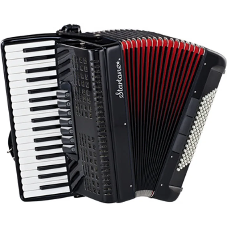 Startone Piano Accordion 96 Black MKII, 96 Bässe, 37 Diskanttasten, 3 Chöre im Diskant, schwarz mit rotem Balg, inkl. Trageriemen und Gig Bag