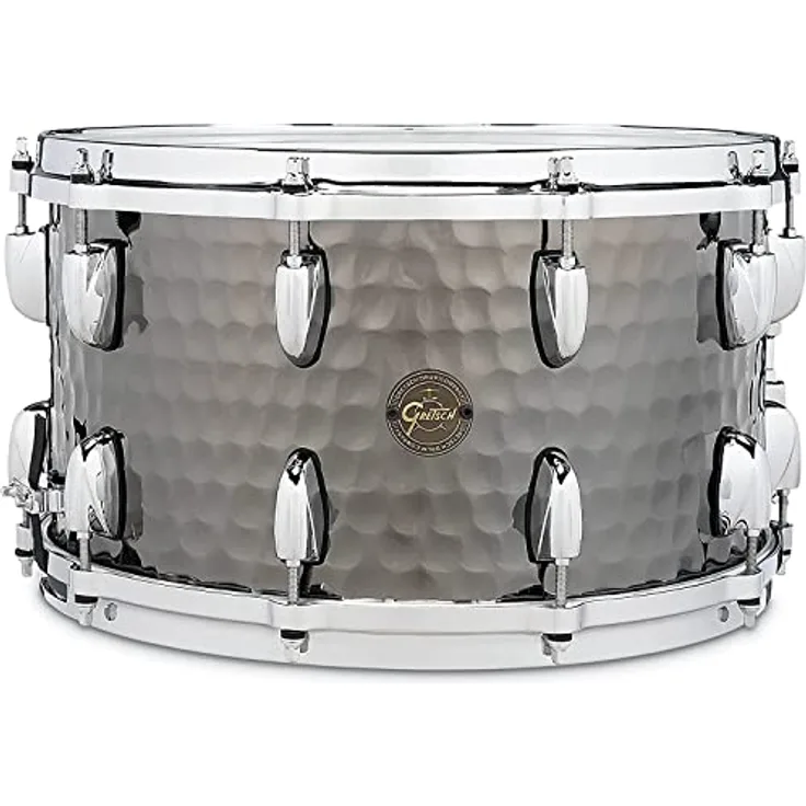 Gretsch Drums 14"x8" Black Hammered Snare, gehämmerte Stahl-Trommel mit Gußspannreifen und Remo 14" Coated Fell