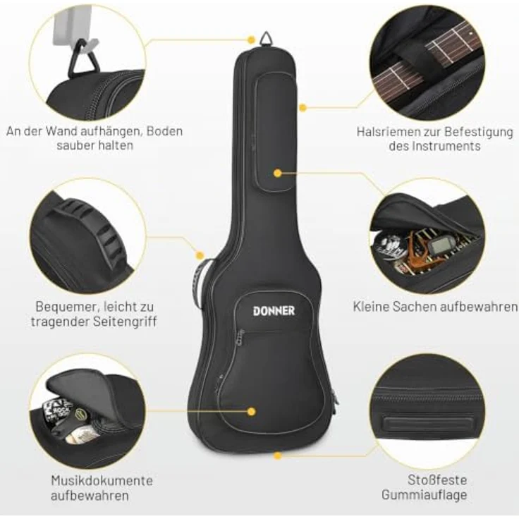 Donner E-Gitarrentasche 39 Zoll, Gig Bag mit 10MM Polsterung, verstellbaren Trägern, wasserdichtem Material und zwei Taschen, Schwarz – Bild 2