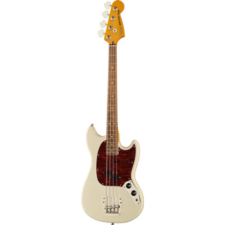 Squier CV 60s Mustang Bass OW, E-Bass mit Nato-Korpus, Ahornhals und 19 Bünden, Olympic White