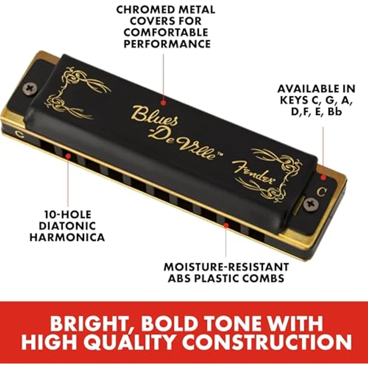 Fender Blues Deville Harp Bb, Mundharmonika in Bb-Dur mit Kunststoff Kanzellenkorpus und Messingstimmplatten, schwarz-goldenes Deckeldesign, inkl. Kunststoffcase – Bild 2