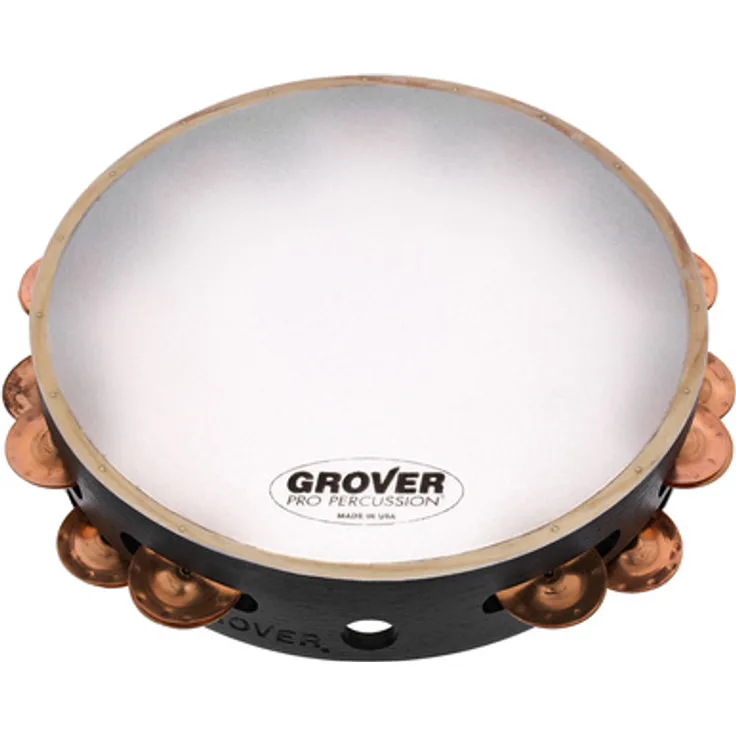 Grover Pro Percussion T2/PhBr-X Tambourine, 10" mit zweireihigen Phosphor Bronze Schellen und synthetischem Fell, massiver Hartholzkorpus