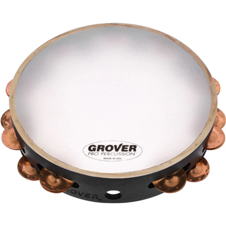 Grover Pro Percussion T2/PhBr-X Tambourine, 10" mit zweireihigen Phosphor Bronze Schellen und synthetischem Fell, massiver Hartholzkorpus