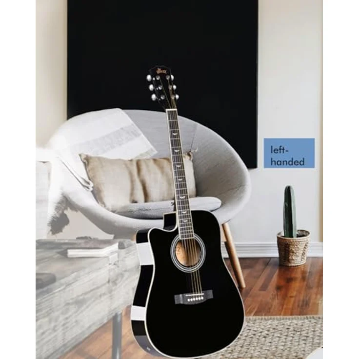 Winzz Elektro-Akustik Gitarre 4/4 für Linkshänder, Schwarz-Glänzend, inkl. 11 Zubehörteilen und Stahlsaiten, ideal für Anfänger und Kinder – Bild 2