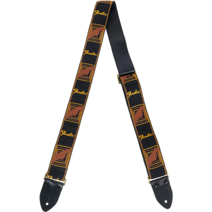 Fender Legacy Vintage Monogram Strap, Gitarrengurt in Schwarz/Gelb/Braun, verstellbar von 86,4 cm bis 149,9 cm, mit Aged Metall Hardware und Lederenden