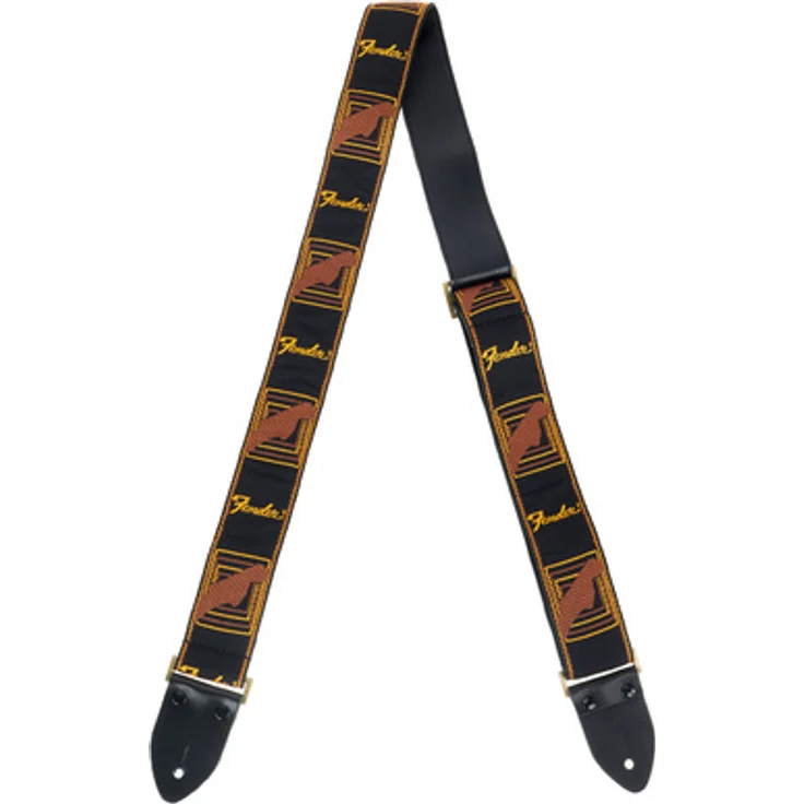 Fender Legacy Vintage Monogram Strap, Gitarrengurt in Schwarz/Gelb/Braun, verstellbar von 86,4 cm bis 149,9 cm, mit Aged Metall Hardware und Lederenden
