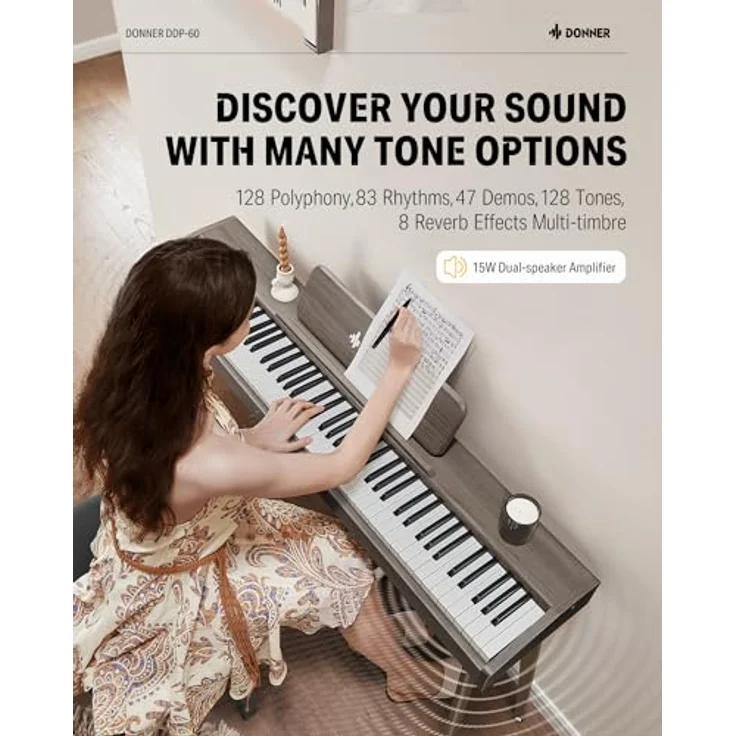 DONNNER DDP-60 Digitalpiano, 88 anschlagsdynamische Tasten, 128-stimmige Polyphonie, 83 Rhythmen, schwarz – Bild 3