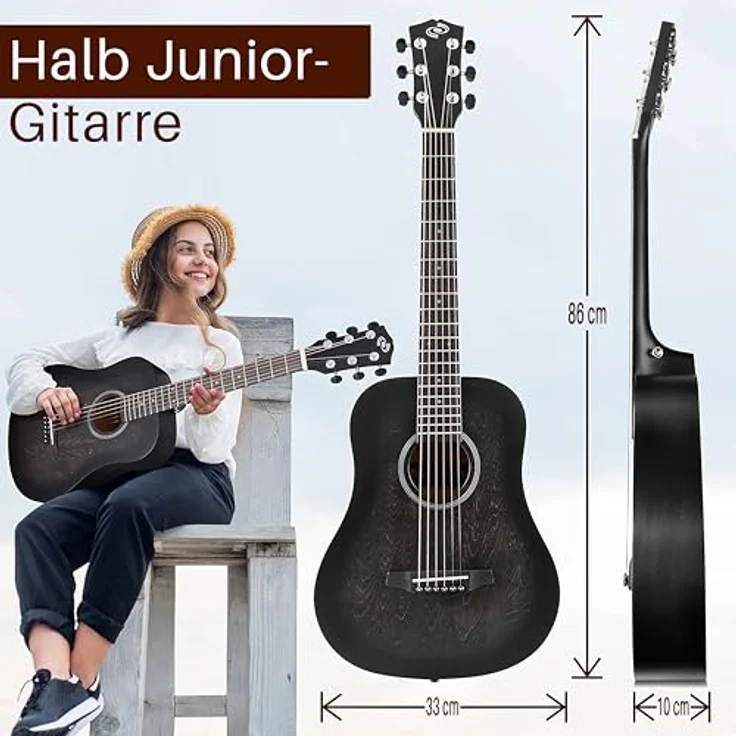 Pyle ½ Akustik Gitarre für Kinder & Anfänger, Konzertgitarre mit Tasche, Tuner & Plektrum, Schwarz, 86 cm, leicht und kompakt – Bild 5