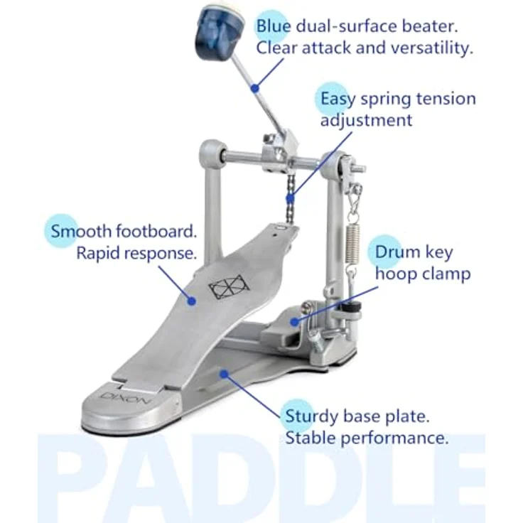 Dixon PP-P1 Single Pedal Fußmaschine, Single Chain Drive mit gebürsteter Trittplatte und See-through Blue Dual Surface Beater – Bild 2
