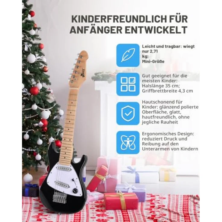 Winzz 30-Zoll E-Gitarren-Einsteiger-Set für Kinder, Junior-E-Gitarre in 1/4-Größe, komplettes Starter-Set mit Verstärker, glänzende schwarze Farbe, inkl. Zubehör und tragbarem Design – Bild 4