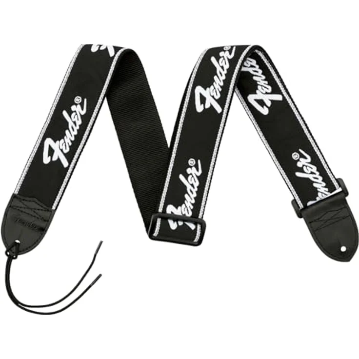 Fender Gitarrengurt, Running Logo Black/White, aus Nylon mit stufenloser Längenverstellung und Lederenden – Bild 1