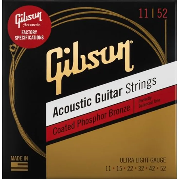GIBSON ACCESSORIES Saiten Coated Phosphor Bronze Acoustic Ultra-Light 11-15-22-32-42-52 für Akustikgitarre, klarer und warmer Klang, hohe Langlebigkeit (SAG-CPB11)