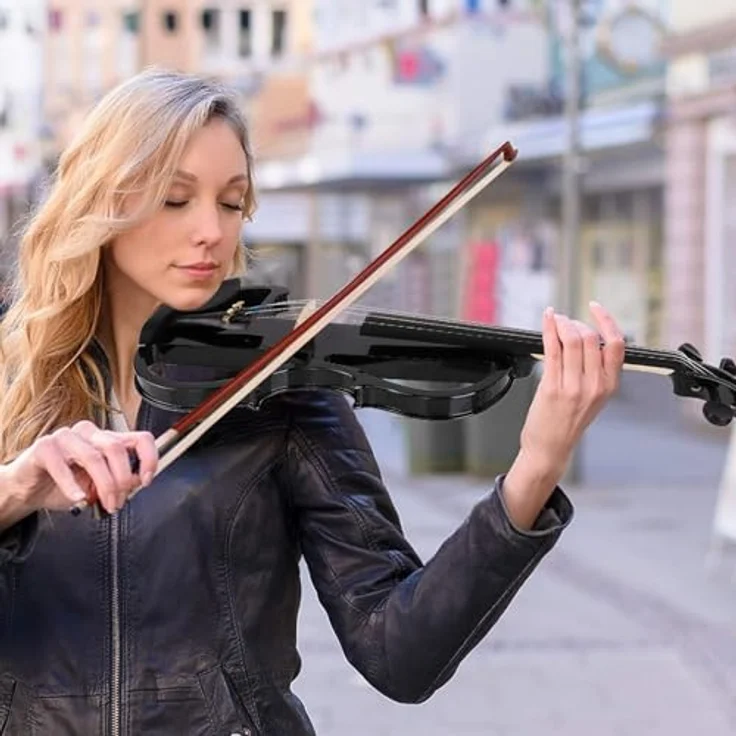 Vangoa 4/4 Elektrische Violine E Geige, Massivholz, Schwarz, mit Kolophonium, Tragetasche, Audiokabel, Schulterstütze und Bogen – Bild 3