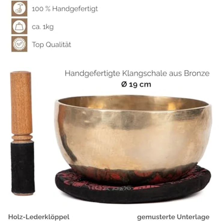 Bodhi Tibetische Klangschale Ø 19 cm, Handgefertigtes Klangschalen Set aus Bronze inkl. Kissen & Klöppel, Gold/Holzfarben, Ideal für Meditation und Klangtherapie – Bild 3
