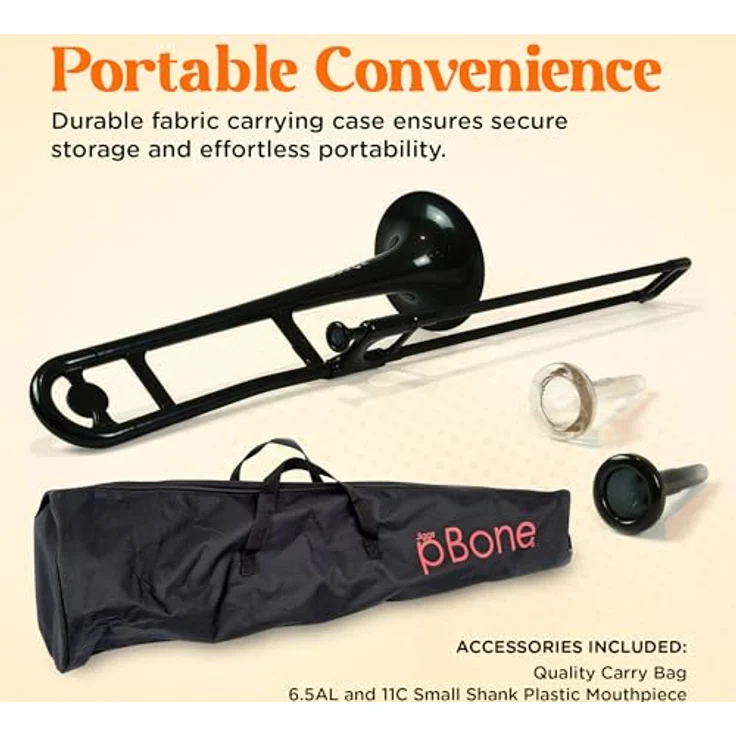 pBone music pBone Black, Bb-Tenorposaune aus ABS-Kunststoff mit Fiberglas-Zug, ergonomisch und leicht (0,8 kg), inkl. Kunststoff-Mundstück und Gig Bag, schwarz – Bild 5