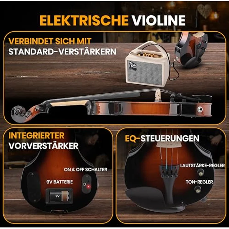 Pyle Elektrische Geige 4/4, E Violine mit Zubehör, inkl. Koffer, Tuner & Verstärker in Sunburst-Optik – Bild 2