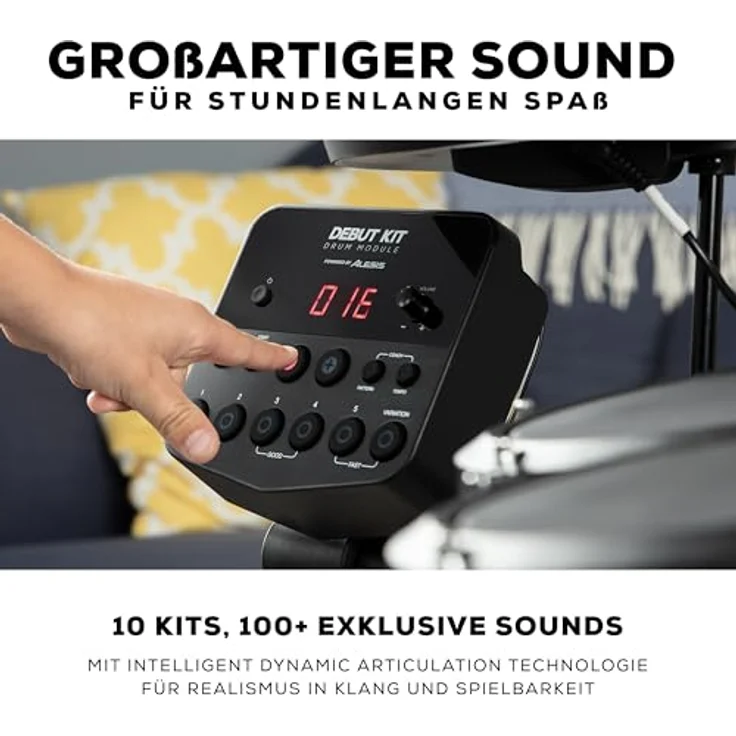 Alesis Debut Kit, komplettes E-Drumset für Einsteiger mit 10 Drumkits, 120 Sounds, 30 Patterns, inkl. Sitz, Sticks, Kopfhörer und USB-MIDI – Bild 4