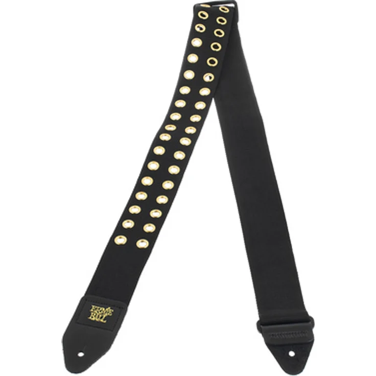 Ernie Ball Hole Lotta Metal Gold, Gitarrengurt aus Polypropylen, schwarz/gold, Länge 104-182 cm, breite 5 cm, Lederenden mit goldfarbenem Logo – Bild 1