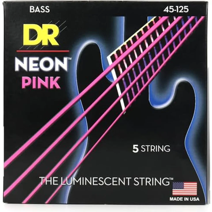 DR Strings NPB5-45 Saiten für Bassgitarren, Hi-Def Neon Pink, 5-saitig, Medium 45-125, langlebige K3-Beschichtung