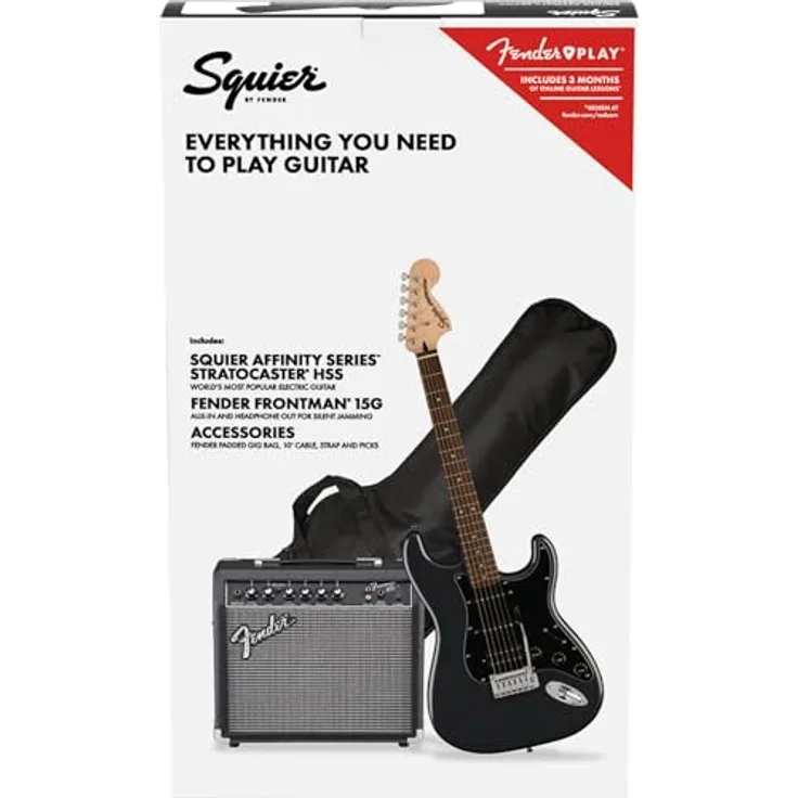 Fender Squier Affinity Strat HSS Pack CFM, E-Gitarren-Set mit Frontman 15G Combo Verstärker, inkl. 3 Monate Fender Play Online-Kurse, schwarz