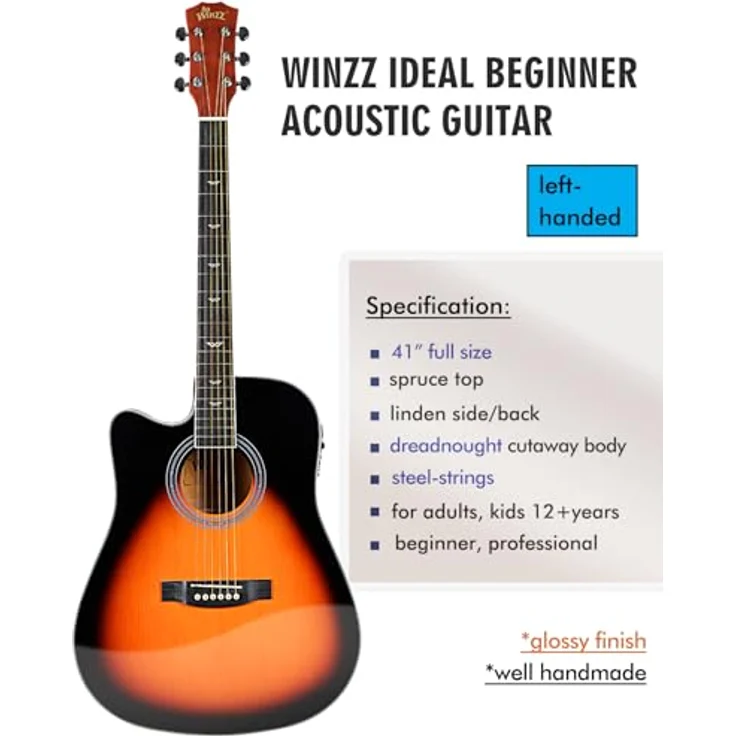 Winzz Elektro Akustik Gitarre 4/4 Linkshänder, Sunburst-Glänzend, inkl. 11 Zubehörteilen für Anfänger – Bild 3