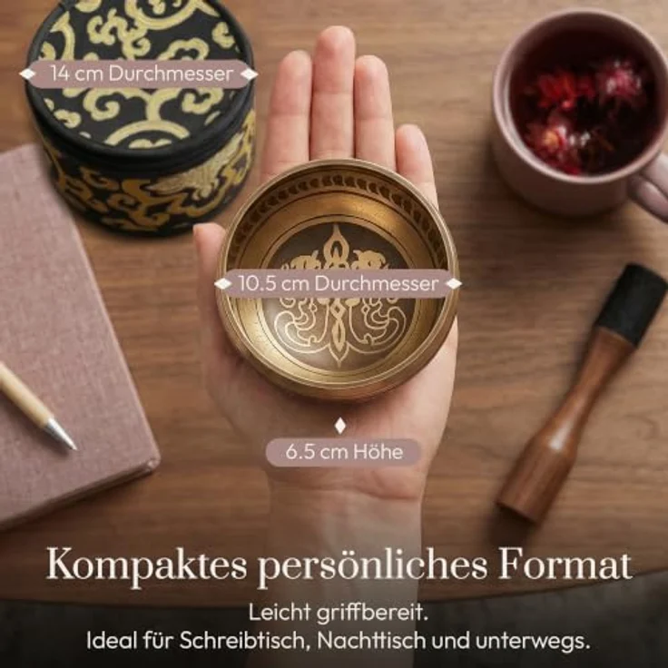 Silent Mind Klangschale Ø10 cm Bronze, Handgefertigtes Komplett-Set mit Kissen und Klöppel, klarer stabiler Klang für Meditation und Achtsamkeit – Bild 4