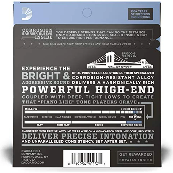D'Addario EPS300-5 Pro Steels, E Bass Gitarrensaitensatz für Long Scale Bässe, Intervall von .043 bis .107 Zoll, korrosionsbeständige Verpackung – Bild 2