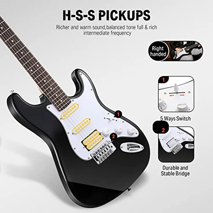 Donner ST E-Gitarre Set, 39 Zoll mit S-S-H Pickups, Verstärker, Tasche, Gurt und Zubehör, Schwarz – Bild 5