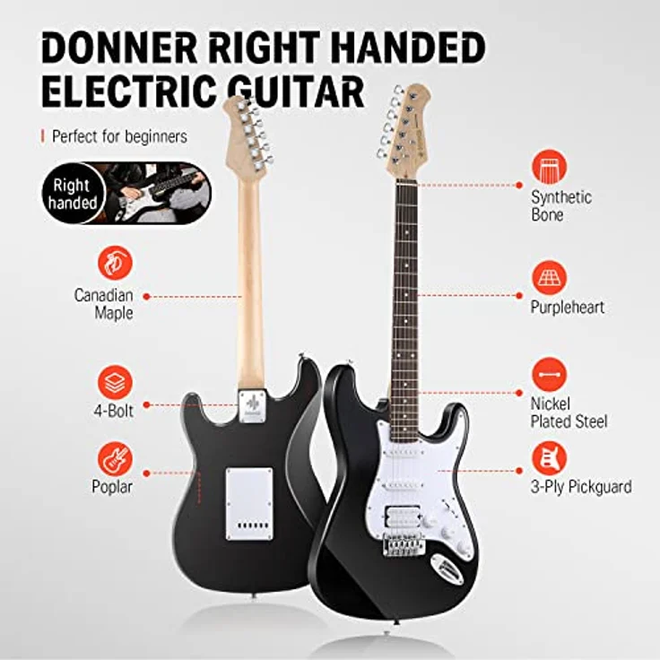 Donner ST E-Gitarre Set, 39 Zoll mit S-S-H Pickups, Verstärker, Tasche, Gurt und Zubehör, Schwarz – Bild 3